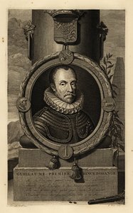 William I, Prince of Orange, William the Silent eller William the Taciturn. Guillaume, premiere Prince d'Orange. I rustning med blonderuff, våpenskjold over, flintlåspistol og blyhagl under. Kobberstikk av Gerard Valck etter Adriaen va
