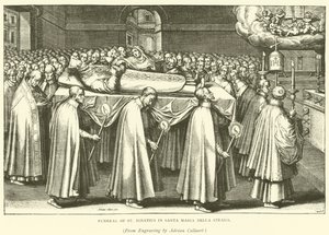 Begravelse av St Ignatius i Santa Maria Della Strada (gravering) av Adriaen (after) Collaert