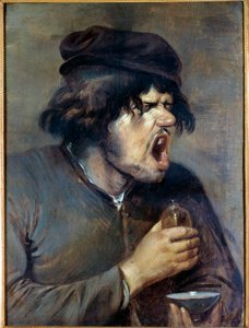 Den dårlige legen En mann som klatrer mens han drikker en medisin. Maleri av Adrian Brouwer (1605-1638) (ec.flam.) Dijon fra 1600-tallet, Musee des Beaux Arts