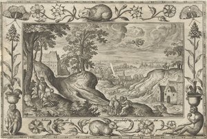 Abraham ofrer Isak Landskap med bibelske, mytologiske scener og jaktscener (serietittel) av Adriaen Collaert