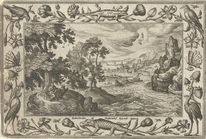 Apostelen Johannes på Patmos Landskap med bibelske, mytologiske scener og jaktscener (serietittel) av Adriaen Collaert