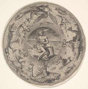Arion på en delfin omgitt av en grense dekorert med sjødyr, fra et sett med..., 1580-1600. av Adriaen Collaert