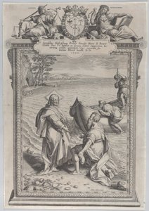 Kristus som kaller Saint Andrew, som kneler foran ham på en strand, og Saint Peter, som klatrer ..., 1590. av Adriaen Collaert