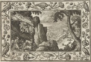 Daniel i løvens hule Landskap med bibelske, mytologiske scener og jaktscener (serietittel) av Adriaen Collaert