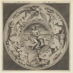 Design for en tallerken med Arion som rir på en delfin i en medaljong avgrenset av sjømonstre..., c1600. av Adriaen Collaert