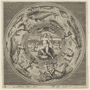 Design for en tallerken med Galatea på et skjell flankert av trompetister i en medaljongkant..., c1600. av Adriaen Collaert