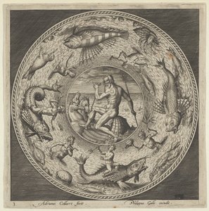 Design for en tallerken med Neptun i et skjell tegnet av hester i en medaljong avgrenset av ..., c1600. av Adriaen Collaert