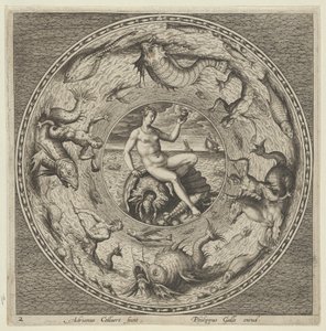 Design for en tallerken med Thetis på et skjell i en medaljong omkranset av sjømonstre, c1600. av Adriaen Collaert