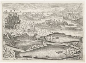 Tre fisker på stranden Fiske (serietittel) Piscium vivae-ikoner (serietittel) av Adriaen Collaert