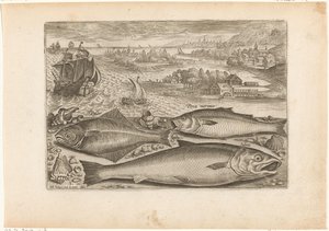 Tre fisker på stranden Fiske (serietittel) Piscium vivae-ikoner (serietittel) av Adriaen Collaert