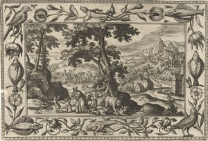 Elisa forbanner irriterende barn Landskap med bibelske, mytologiske scener og jaktscener (serietittel) av Adriaen Collaert