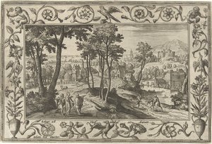 Emmaus-gjengere Landskap med bibelske, mytologiske scener og jaktscener (serietittel) av Adriaen Collaert