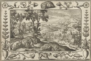 Juda og Tamar Landskap med bibelske, mytologiske scener og jaktscener (serietittel) av Adriaen Collaert