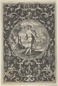 Juno i en dekorativ ramme med grotesker, fra dommen i Paris, ca. 1580-..., c1580-1600. av Adriaen Collaert