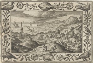 Kaninjakt Landskap med bibelske, mytologiske scener og jaktscener (serietittel) av Adriaen Collaert