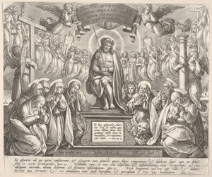 Sorgens mann med de tre Maria og evangelistene,.n.d. av Adriaen Collaert