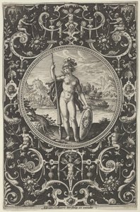 Minerva i en dekorativ ramme med grotesker, fra dommen i Paris, c1580-1600. av Adriaen Collaert