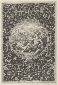 Neptun i en dekorativ ramme med grotesker, fra dommen i Paris, c1580-1600. av Adriaen Collaert