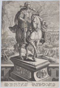 Plate 11: rytterstatue av Titus, sett tre fjerdedeler til høyre, Vesuv-fjellet..., ca. 1587-89. av Adriaen Collaert