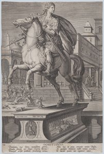 Plate 12: rytterstatue av Domitian, sett tre fjerdedeler til venstre, med hans ..., ca. 1587-89.