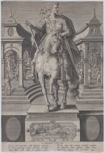 Plate 1: rytterstatue av Julius Cæsar, sett forfra, med en scene av en..., ca. 1587-89.