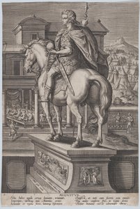 Plate 2: rytterstatue av Augustus, holder en globus og sett bakfra, med ..., ca. 1587-89.