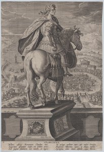 Plate 5: rytterstatue av Claudius, sett bakfra, en marinekonkurranse ved ri..., ca. 1587-89. av Adriaen Collaert