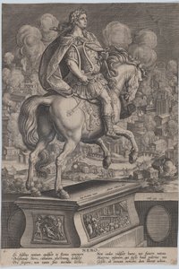 Plate 6: rytterstatue av Nero, sett bakfra, Romas store brann i..., ca. 1587-89. av Adriaen Collaert