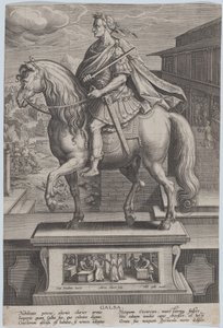 Plate 7: rytterstatue av Galba, i profil til venstre, med en halshuggingsscene..., ca. 1587-89. av Adriaen Collaert