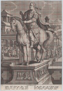 Plate 9: rytterstatue av Vitellius, sett tre fjerdedeler til venstre, med hans ..., ca. 1587-89. av Adriaen Collaert