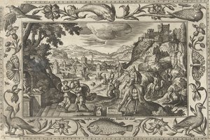 Rebekka og Elieser ved brønnen Landskap med bibelske, mytologiske scener og jaktscener (serietittel) av Adriaen Collaert