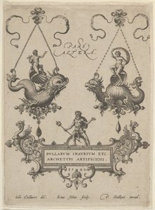 Tittelplate med to anhengsdesign over og Neptun stående på en kartusj under, 1582. av Adriaen Collaert