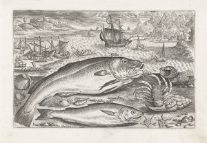 To fisker på stranden Fiske (serietittel) Piscium vivae-ikoner (serietittel) av Adriaen Collaert