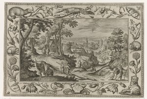 Kringkasting av apostlene Landskap med bibelske, mytologiske scener og jaktscener (serietittel) av Adriaen Collaert
