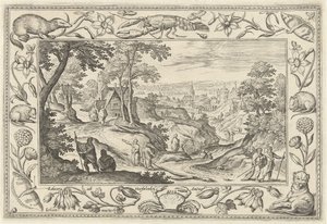 Kringkasting av apostlenes landskap med bibelske, mytologiske scener og jaktscener (serietittel) av Adriaen Collaert