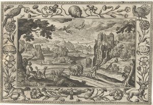 Ikaros fall Landskap med bibelske, mytologiske scener og jaktscener (serietittel) av Adriaen Collaert