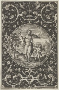Venus og Amor i en dekorativ ramme med grotesker, fra dommen i Paris..., c1580-1600. av Adriaen Collaert