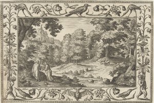 Fristelse i ørkenen Landskap med bibelske, mytologiske scener og jaktscener (serietittel) av Adriaen Collaert