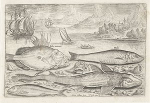 Fire fisker på stranden Fiske (serietittel) Piscium vivae-ikoner (serietittel) av Adriaen Collaert