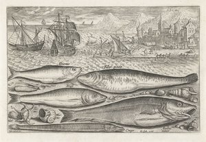 Fem fisker på stranden Fiske (serietittel) Piscium vivae-ikoner (serietittel) av Adriaen Collaert