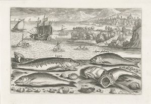 Fem fisker på stranden Fiske (serietittel) Piscium vivae-ikoner (serietittel) av Adriaen Collaert