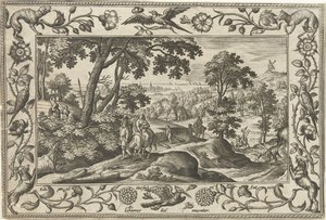 Fly til Egypt Landskap med bibelske, mytologiske scener og jaktscener (serietittel) av Adriaen Collaert