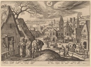 Jomfruen og Josef på vertshuset av Adriaen Collaert after Hans Bol