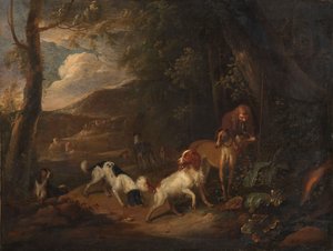 Jeger med hunder i skogkanten av Adriaen Cornelisz Beeldemaker
