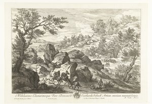 Landskap med ryttere ved en steinete fremspring Landskap med jegere (serietittel) av Adriaen Frans Boudewyns