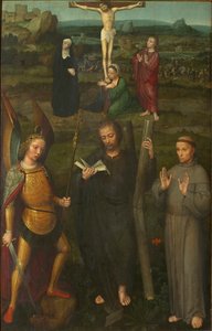Korsfestelsen med de hellige erkeengelen Mikael, Andreas og Frans av Assisi, ca. 1510. av Adriaen Isenbrant