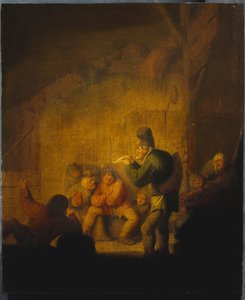 Et låveinteriør med en narr som regaler sine følgesvenner, ca. 1632 av Adriaen Jansz. van Ostade