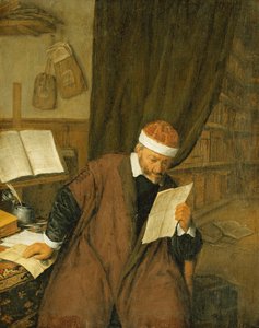 En advokat som sitter ved et skrivebord og leser et brev, et bibliotek bortenfor, 1668 av Adriaen Jansz. van Ostade