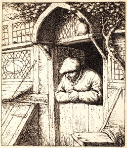 Mann som lener seg på døren sin, ca. 1672 (radering) av Adriaen Jansz. van Ostade