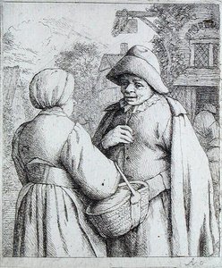 Mann og kvinne snakker (gravering) av Adriaen Jansz. van Ostade